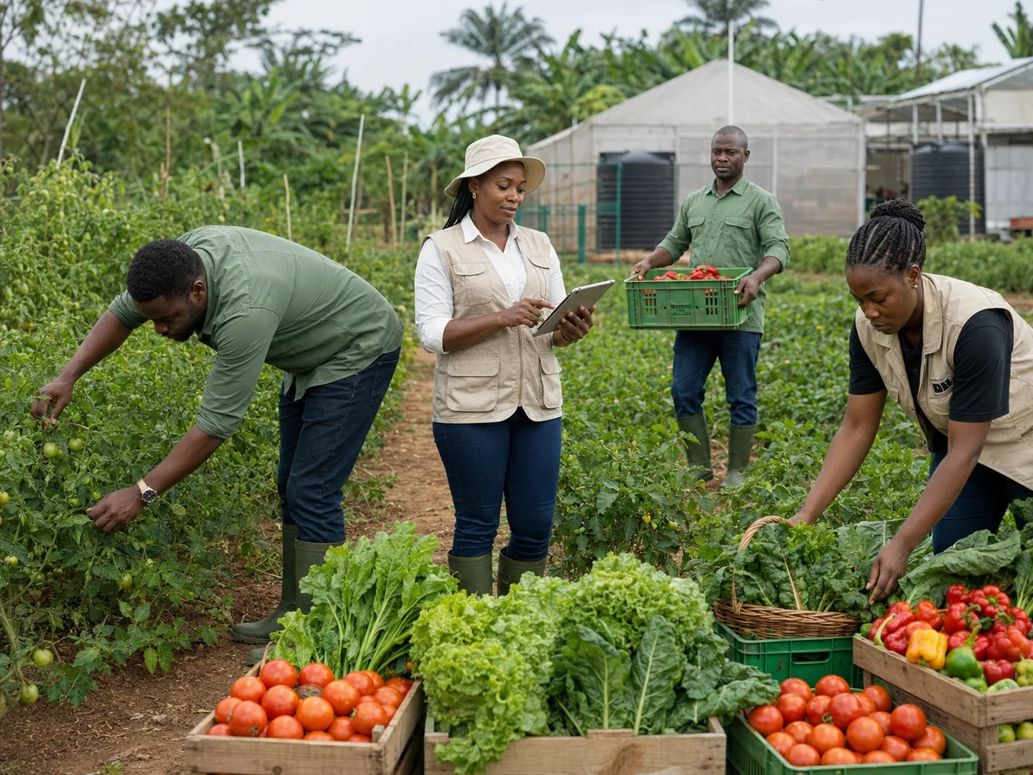 Agribusiness professionals harvesting and inspecting fresh produce
