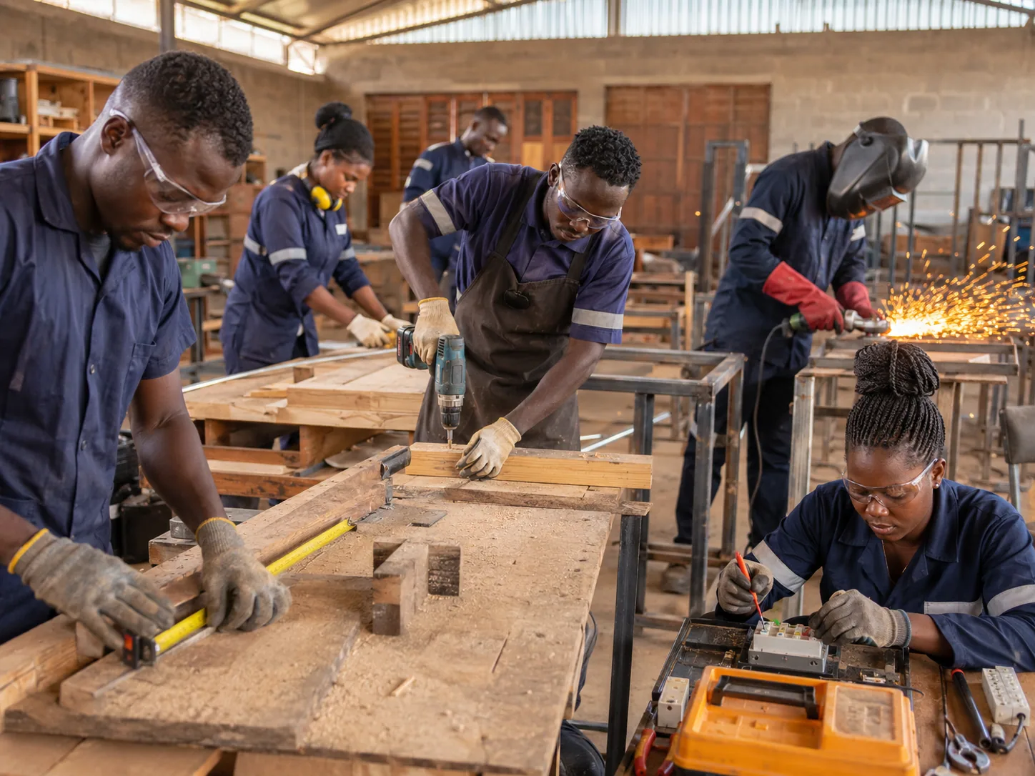 Artisans working with carpentry, metalwork, and electrical equipment