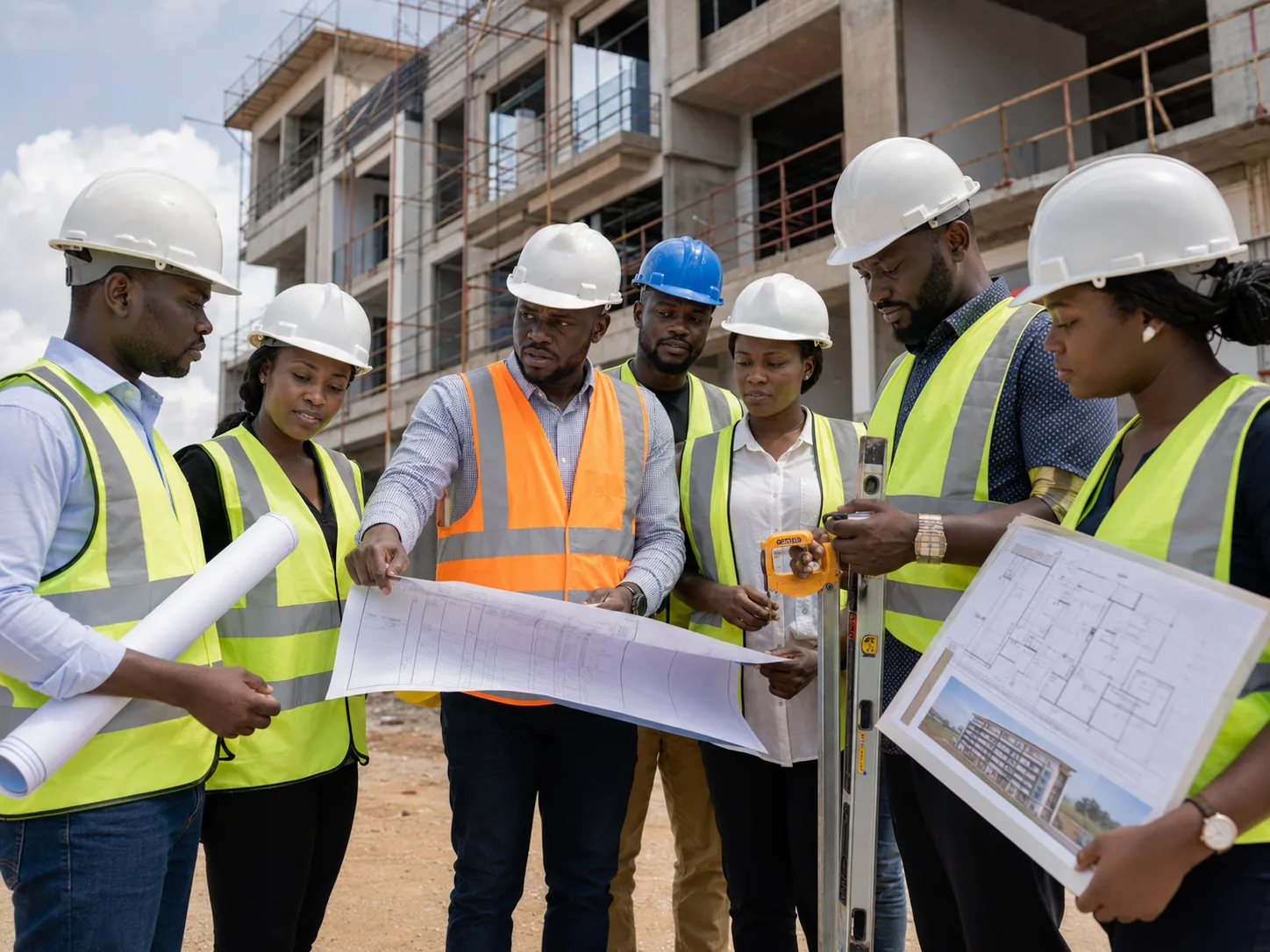 Built environment professionals reviewing construction plans on site
