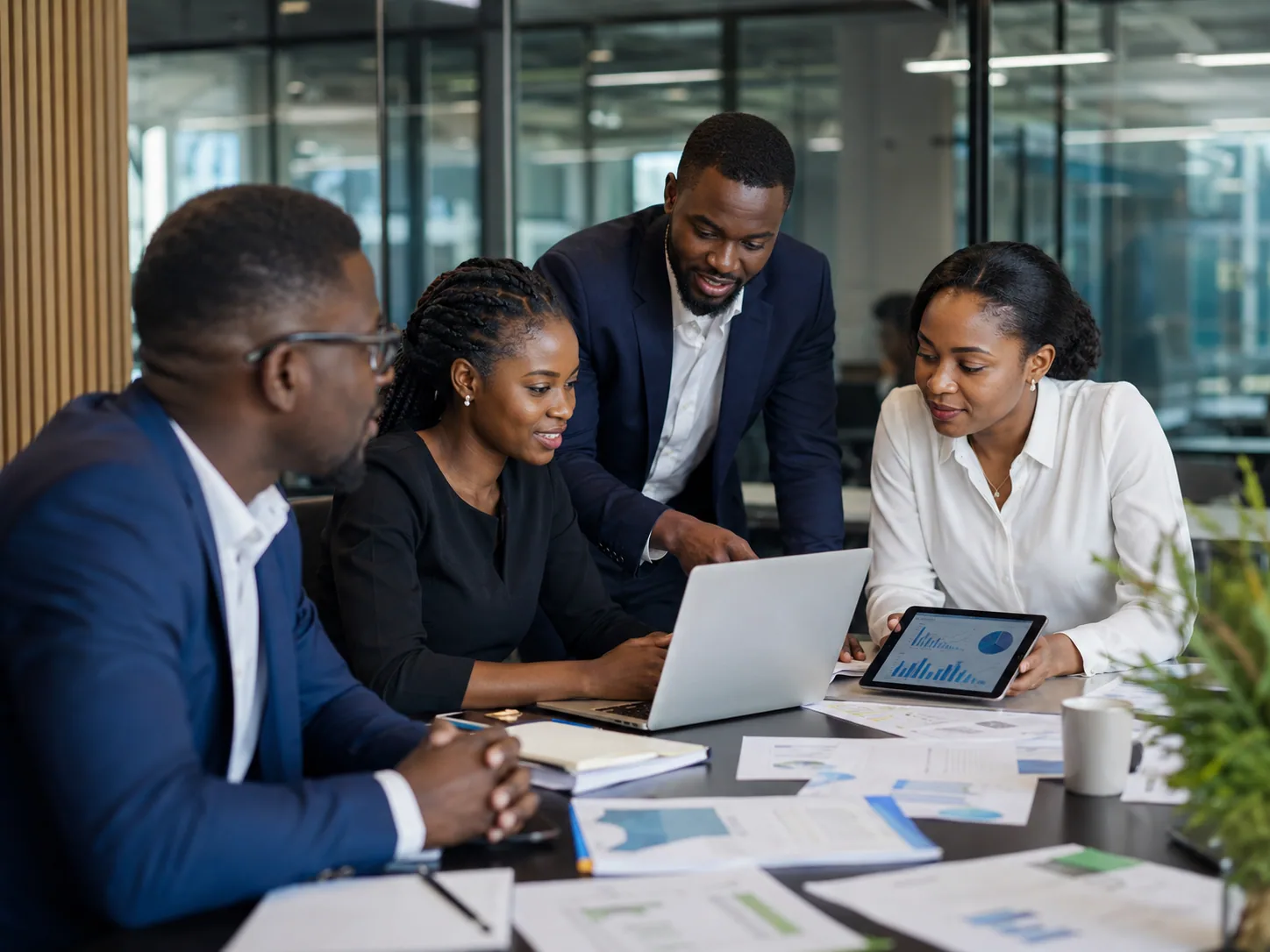 Business professionals reviewing plans and performance together