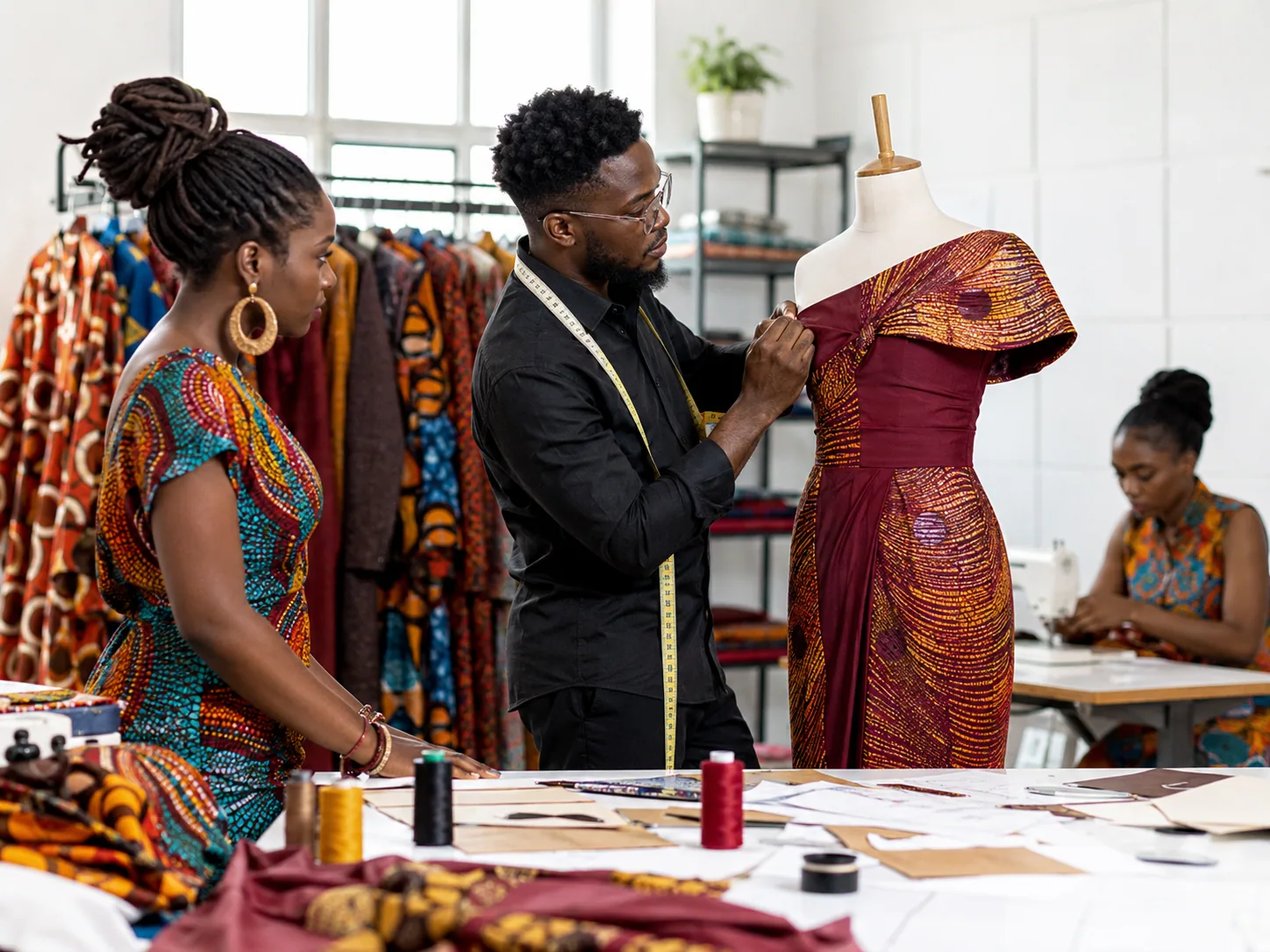 Fashion professionals designing and tailoring garments in a studio