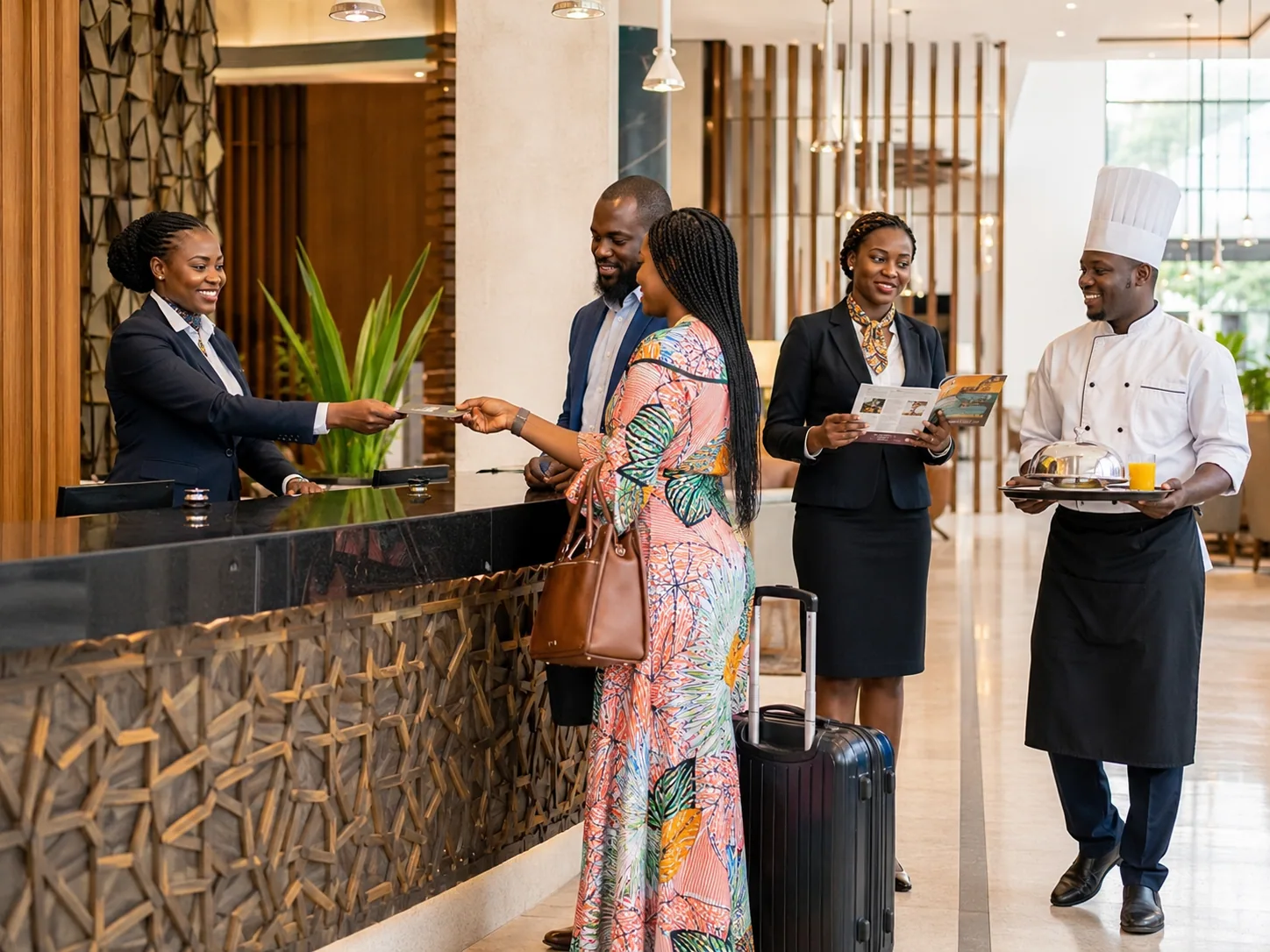 Hospitality and tourism professionals welcoming a hotel guest