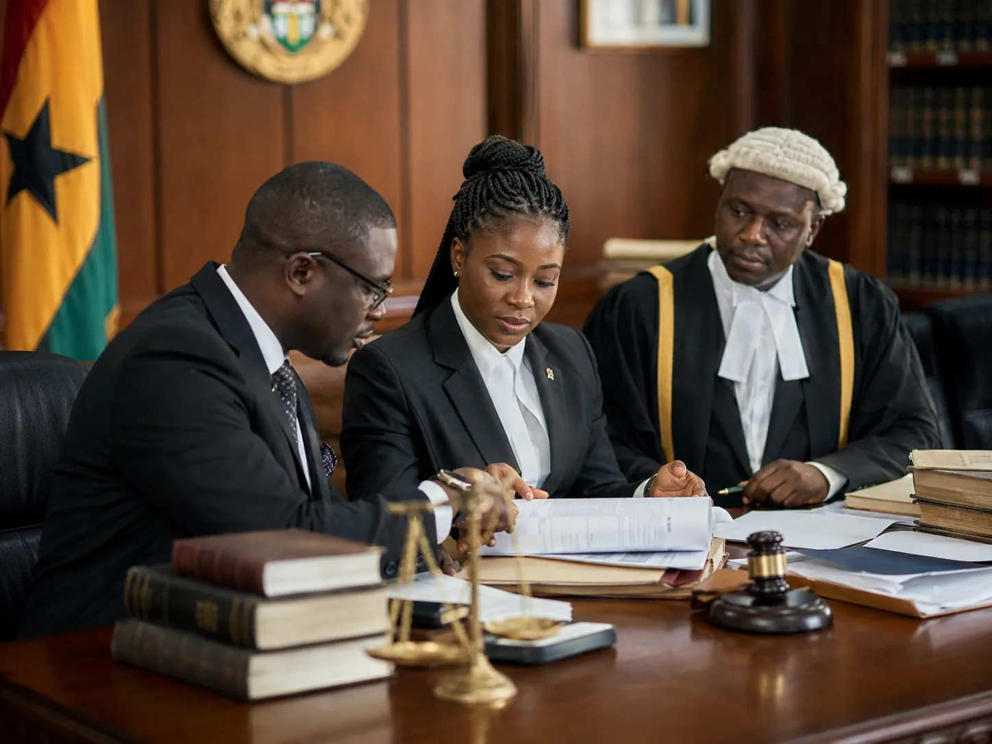 Legal and judiciary professionals reviewing case documents