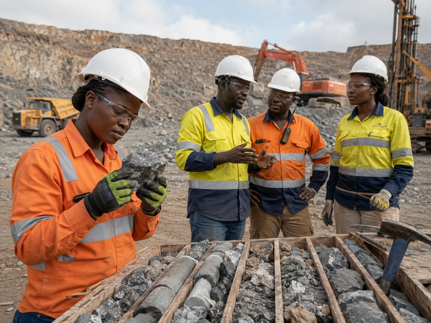 Mining professionals inspecting rock samples at an active site