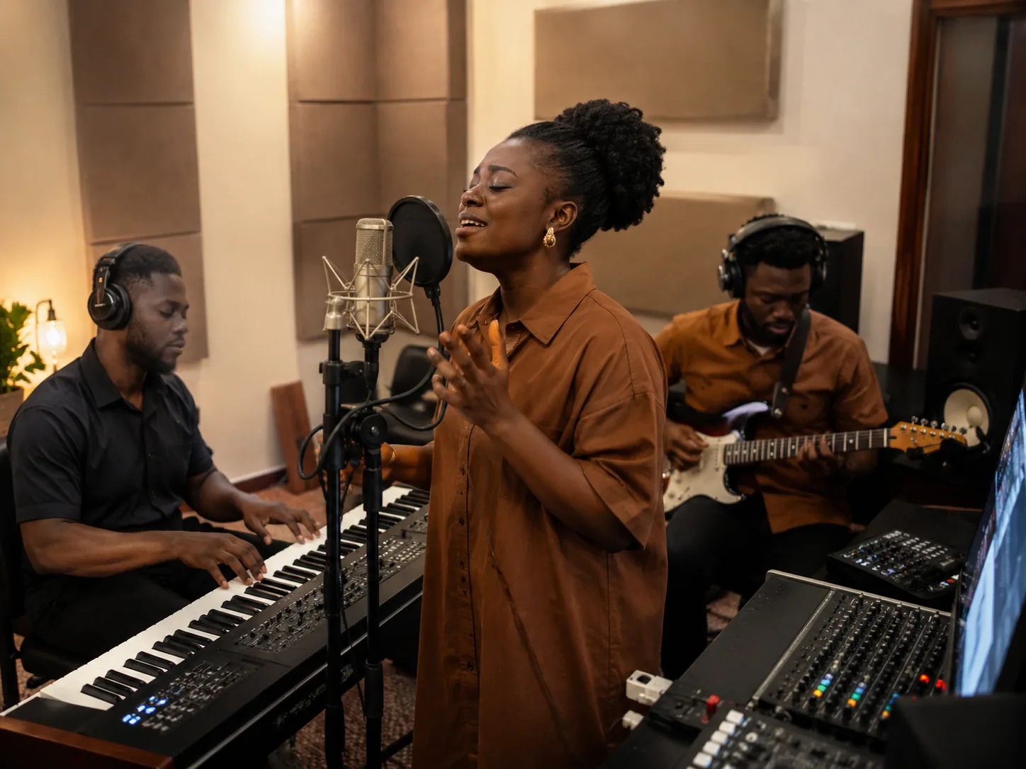 Music professionals recording vocals and instruments in a studio