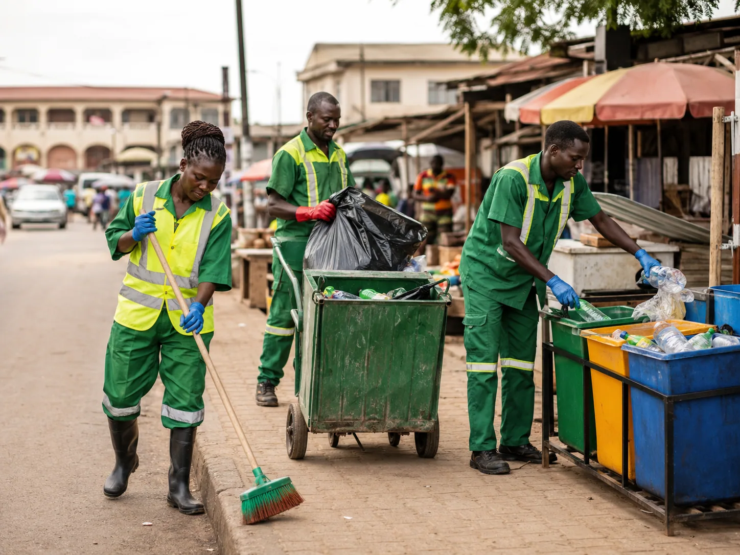 Sanitation professionals collecting and sorting waste for responsible disposal