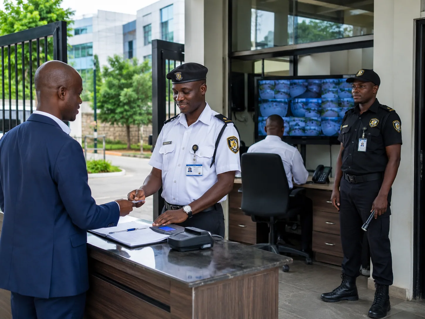 Security professionals managing access and monitoring a facility