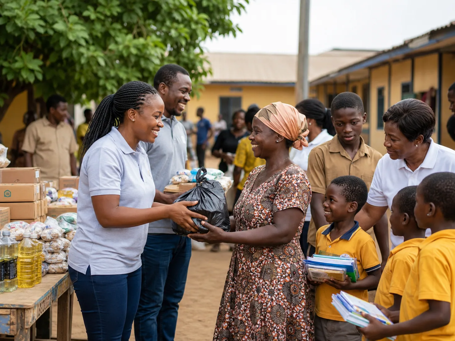 Community volunteers distributing support to families and children