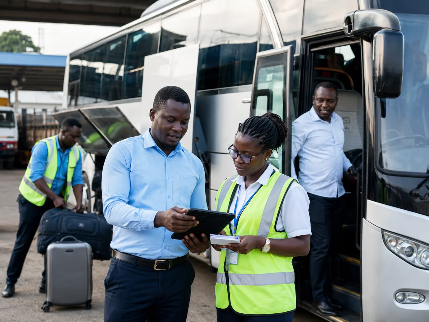 Transport and logistics professionals coordinating passenger travel